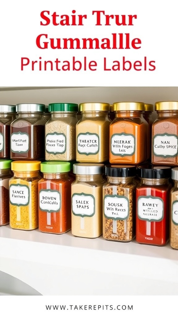 Organized spice jars with printable labels on a kitchen shelf.